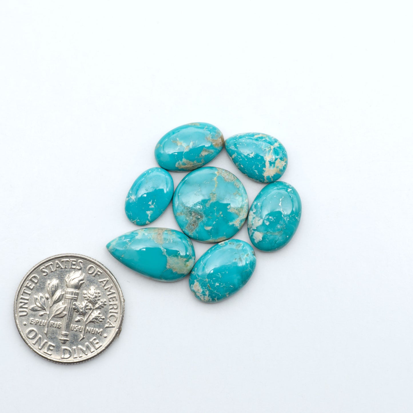 Fox Turquoise cabochons, polished gemstones with natural matrix on a white background, with a US dime for scale