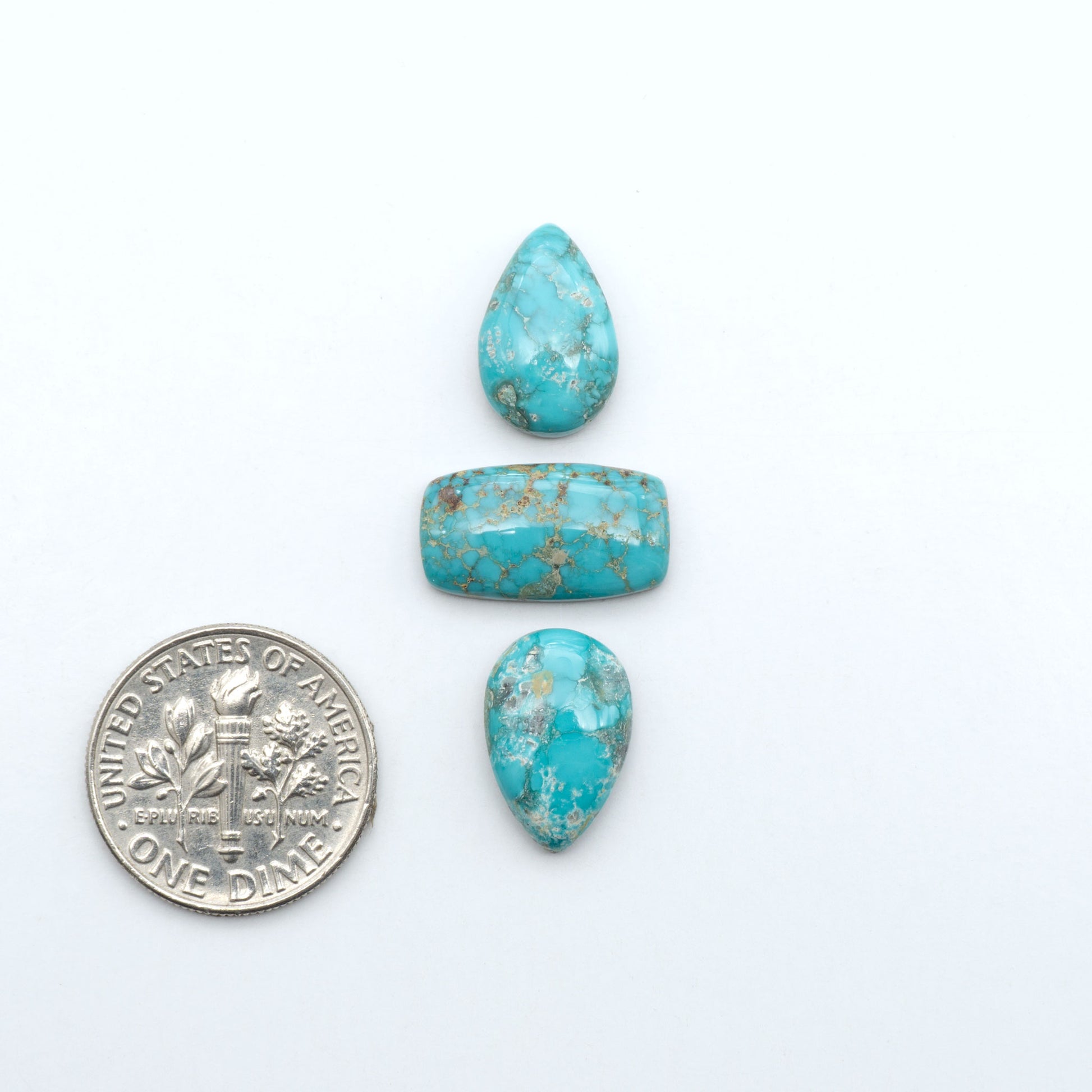 Fox Turquoise cabochons, polished gemstones with natural matrix on a white background, with a US dime for scale