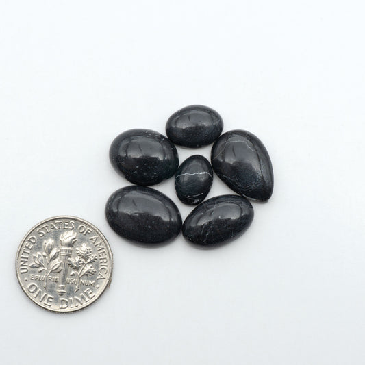 White Buffalo stone cabochons, white stone with black matrix, polished stones on a white background, with a US dime for scale