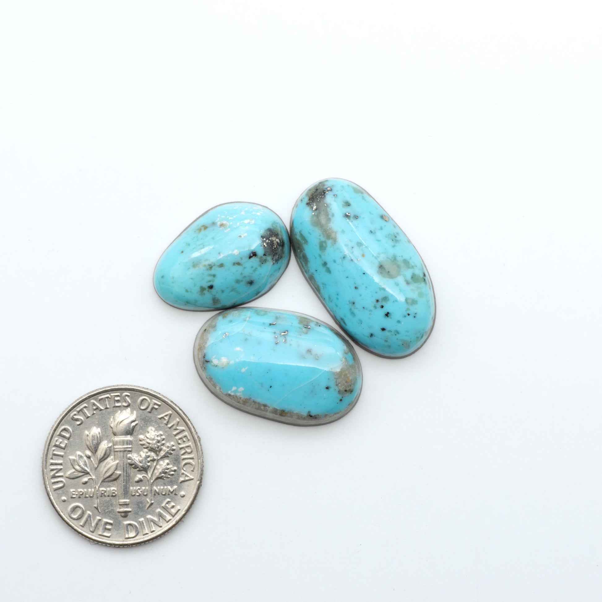 Nacozari Turquoise cabochons, blue to greenish-blue gemstones with black or brown matrix and pyrite on a white background, with a US dime for scale