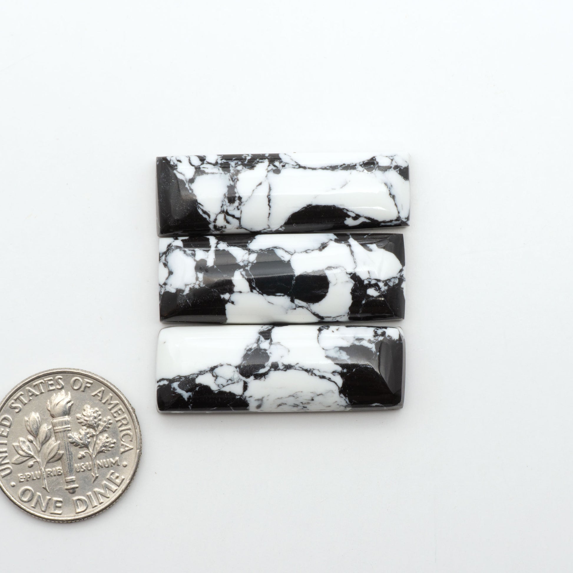 White Buffalo composite cabochons, black and white gemstones on a white background with a US dime for scale