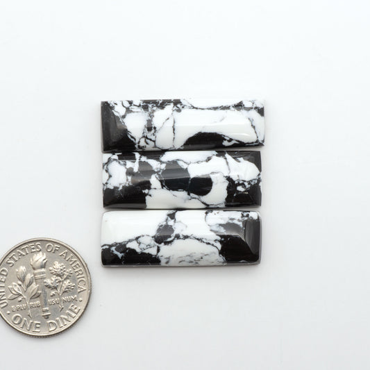 White Buffalo composite cabochons, black and white gemstones on a white background with a US dime for scale