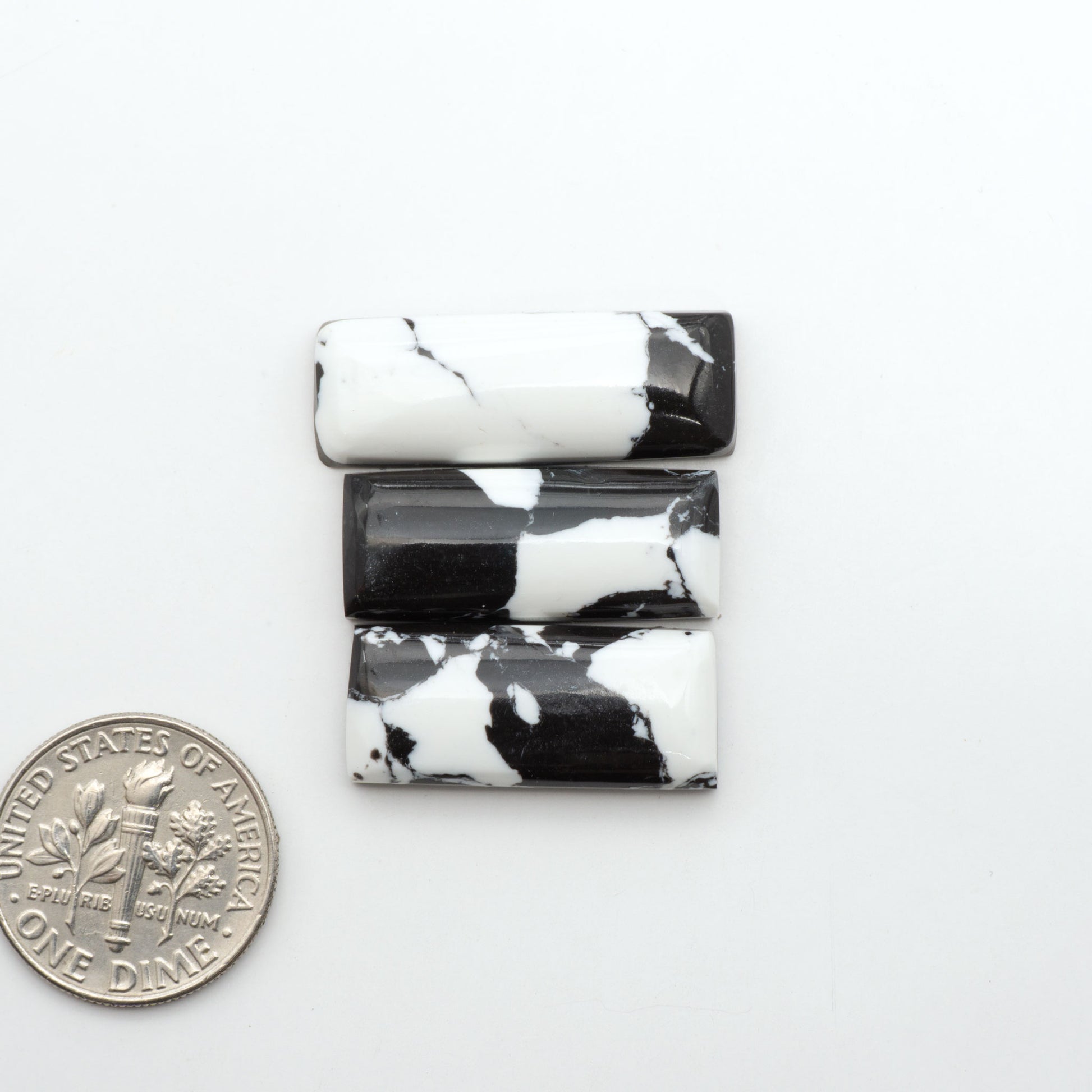 White Buffalo composite cabochons, black and white gemstones on a white background with a US dime for scale