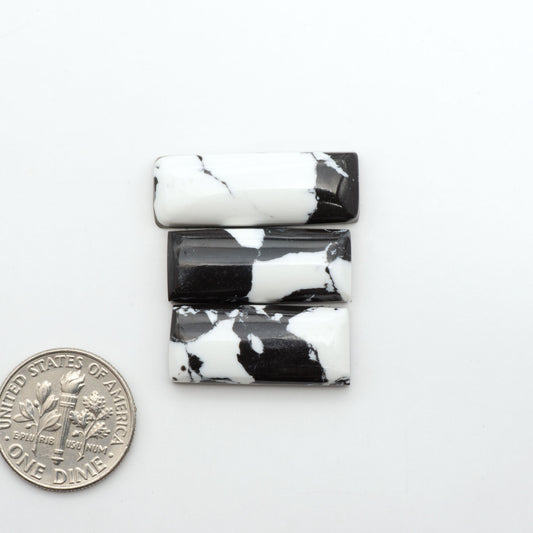 White Buffalo composite cabochons, black and white gemstones on a white background with a US dime for scale