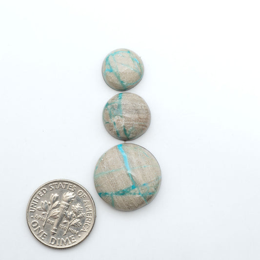 Carico Lake Turquoise cabochons, aqua-blue to turquoise gemstones with natural matrix on a white background with a US dime for scale