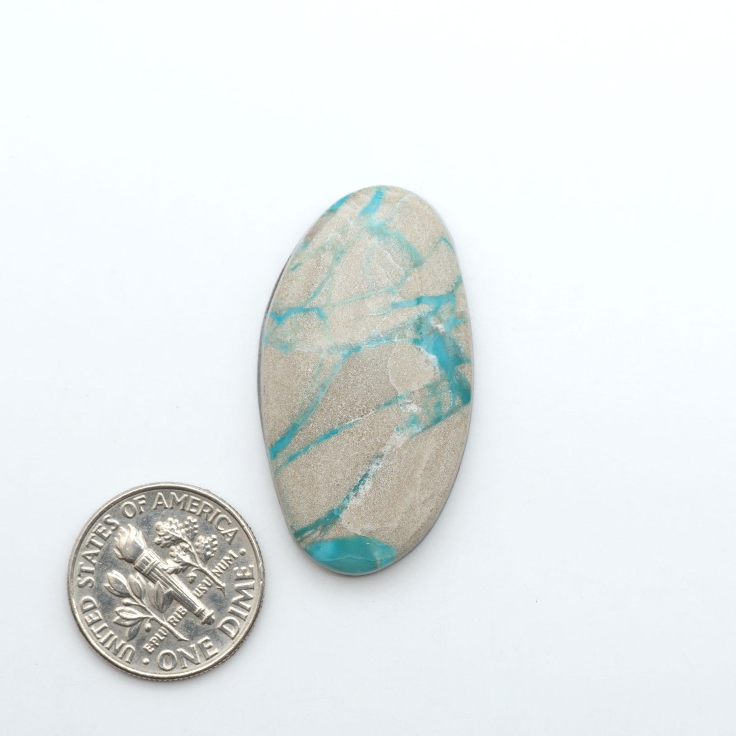 Carico Lake Turquoise cabochons, aqua-blue to turquoise gemstones with natural matrix on a white background with a US dime for scale