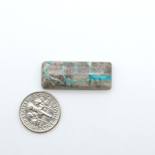 Carico Lake Turquoise cabochons, aqua-blue to turquoise gemstones with natural matrix on a white background with a US dime for scale