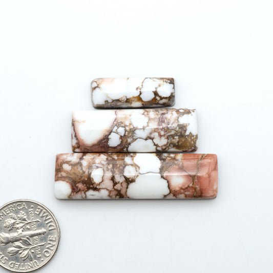 Wild Horse Magnesite cabochons, white gemstones with brown matrix on a white background, with a US dime for scale