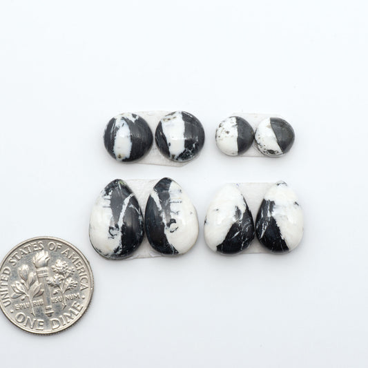 White Buffalo stone cabochons, white stone with black matrix, polished stones on a white background, with a US dime for scale