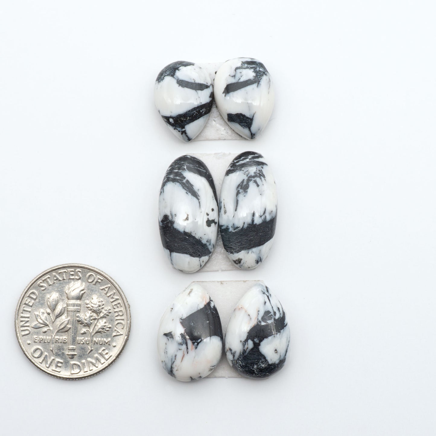 White Buffalo stone cabochons, white stone with black matrix, polished stones on a white background, with a US dime for scale