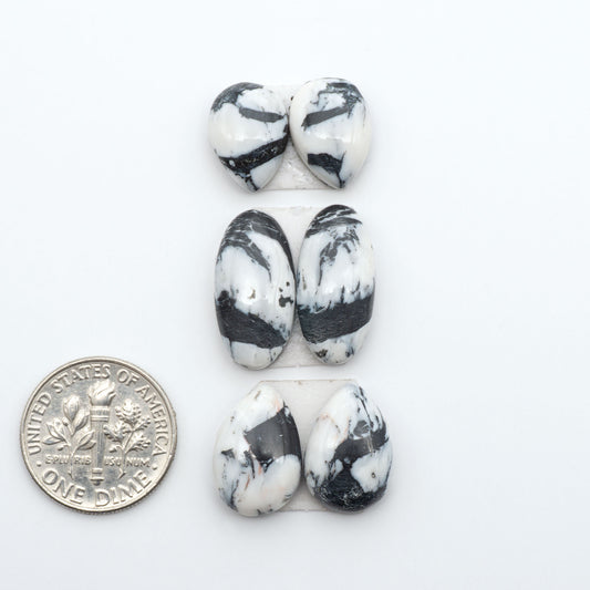White Buffalo stone cabochons, white stone with black matrix, polished stones on a white background, with a US dime for scale
