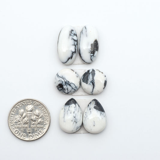 White Buffalo stone cabochons, white stone with black matrix, polished stones on a white background, with a US dime for scale