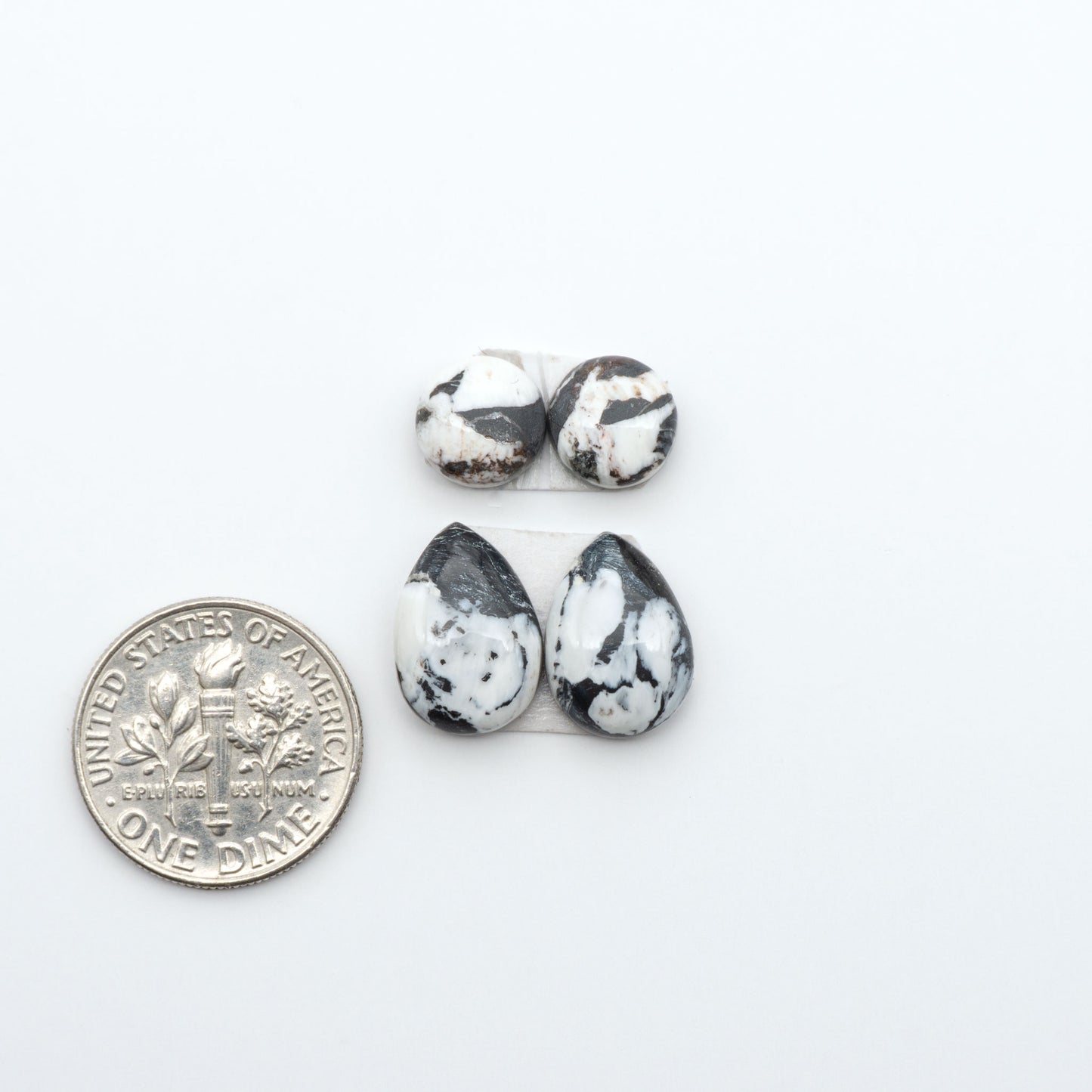 White Buffalo stone cabochons, white stone with black matrix, polished stones on a white background, with a US dime for scale