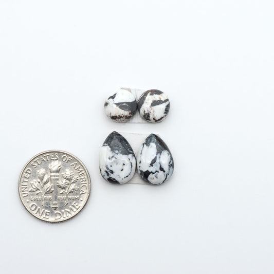 White Buffalo stone cabochons, white stone with black matrix, polished stones on a white background, with a US dime for scale