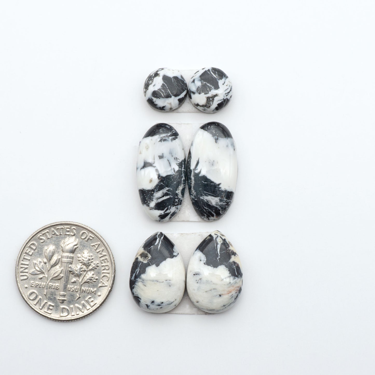 White Buffalo stone cabochons, white stone with black matrix, polished stones on a white background, with a US dime for scale