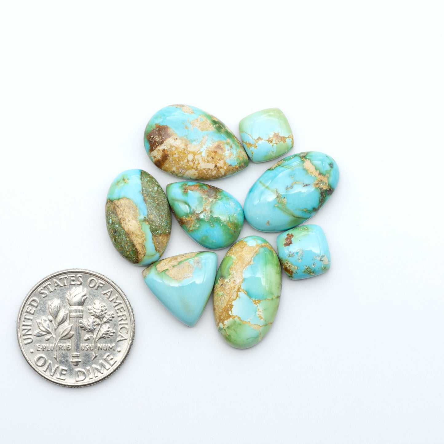 Sonoran Mountain Turquoise cabochons, blue-green color with natural matrix, polished stones on a white background, with a US dime for scale