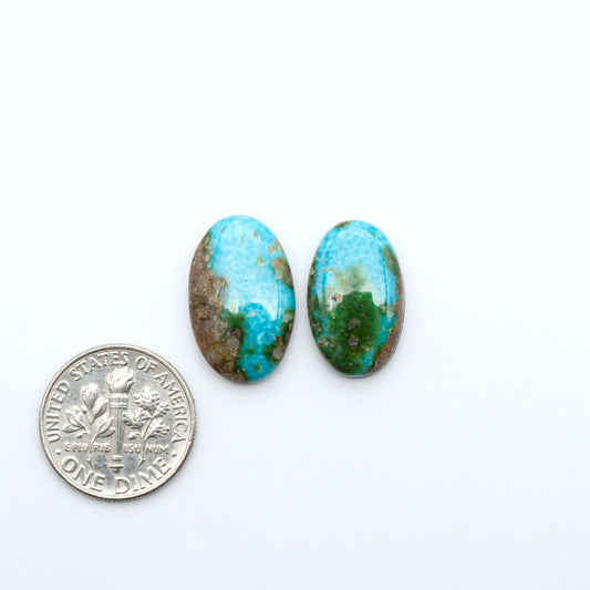 Sonoran Mountain Turquoise cabochons, blue-green color with natural matrix, polished stones on a white background, with a US dime for scale
