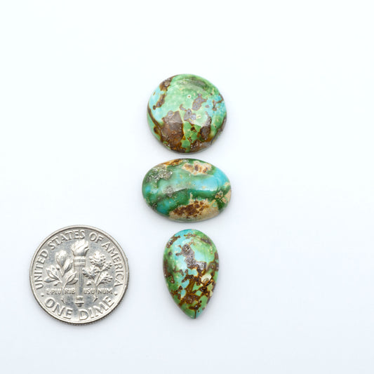 Sonoran Mountain Turquoise cabochons, blue-green color with natural matrix, polished stones on a white background, with a US dime for scale