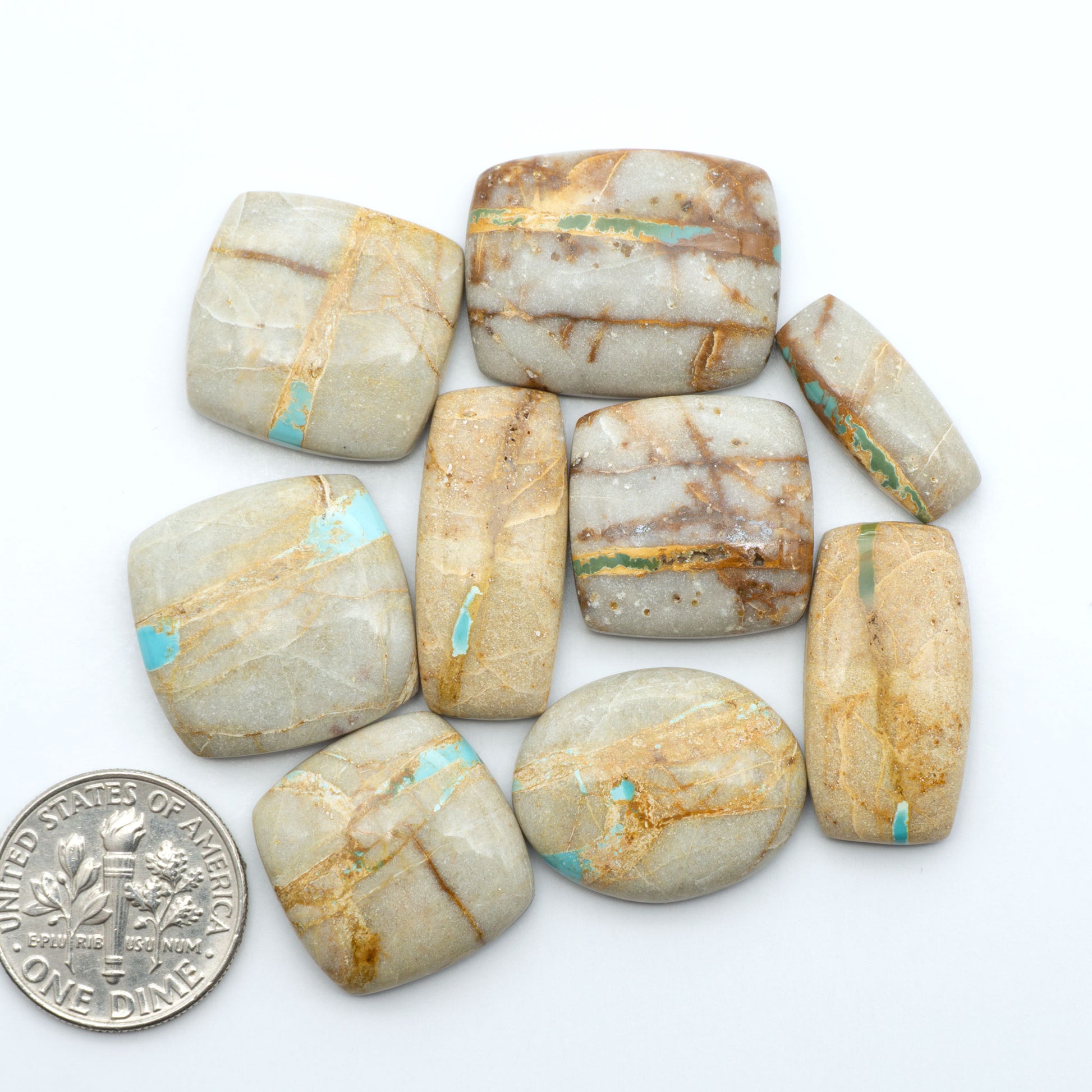 Royston Turquoise cabochons, blue-green color with natural matrix, polished stones on a white background, with a US dime for scale