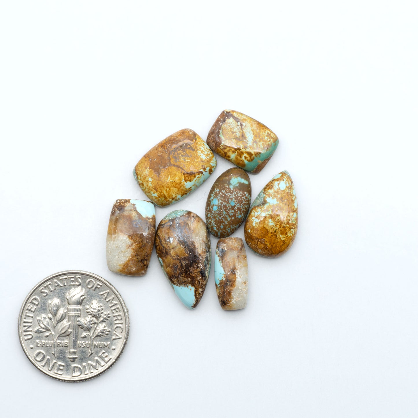Royston Turquoise cabochons, blue-green color with natural matrix, polished stones on a white background, with a US dime for scale