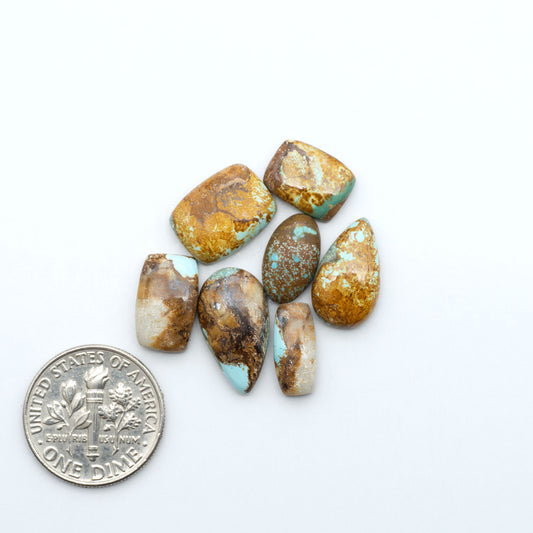Royston Turquoise cabochons, blue-green color with natural matrix, polished stones on a white background, with a US dime for scale