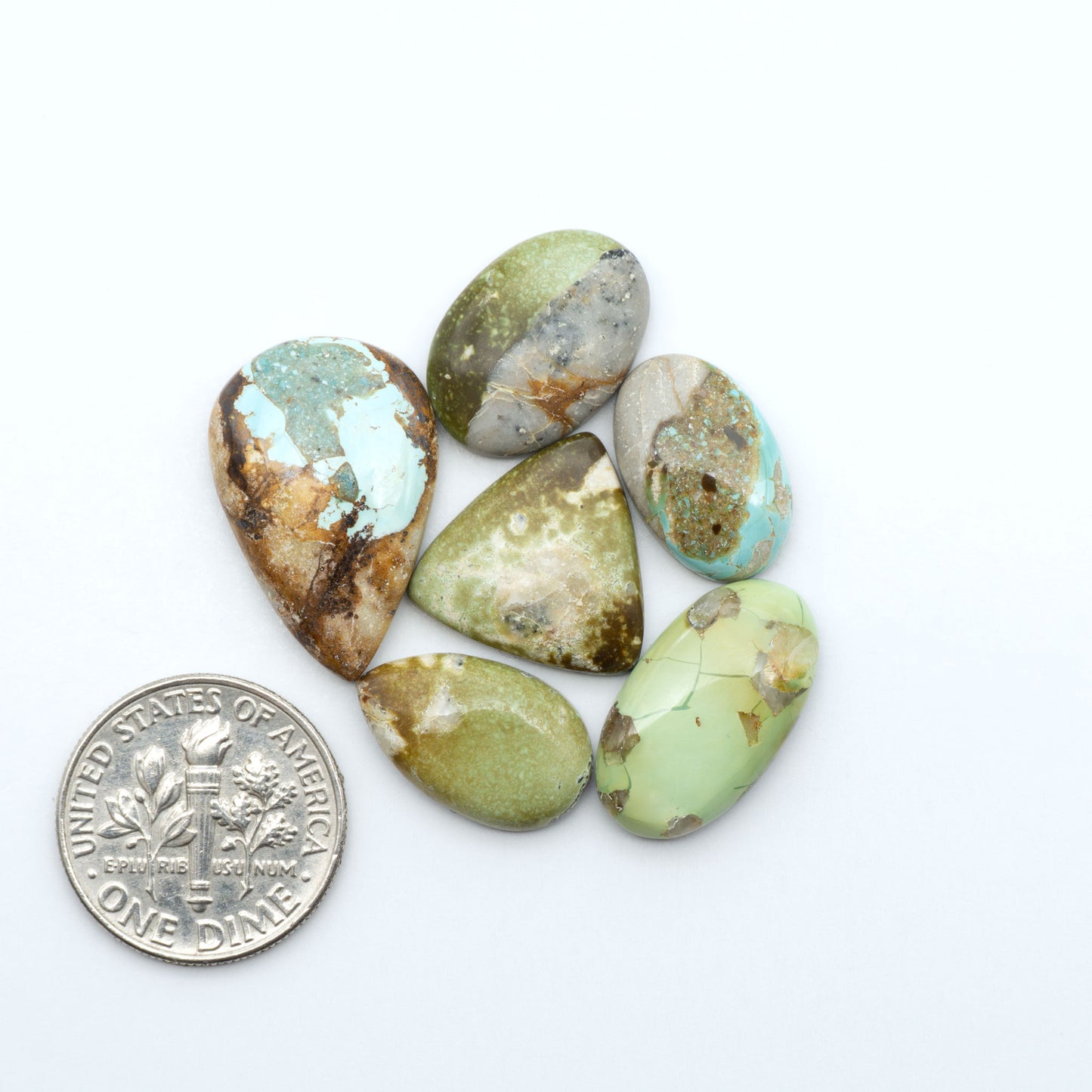 Royston Turquoise cabochons, blue-green color with natural matrix, polished stones on a white background, with a US dime for scale