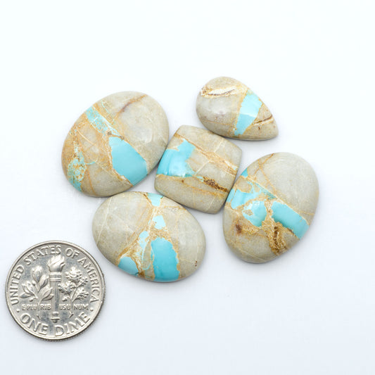 Royston Turquoise cabochons, blue-green color with natural matrix, polished stones on a white background, with a US dime for scale
