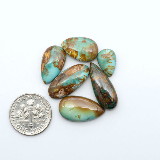 Royston Turquoise cabochons, blue-green color with natural matrix, polished stones on a white background, with a US dime for scale