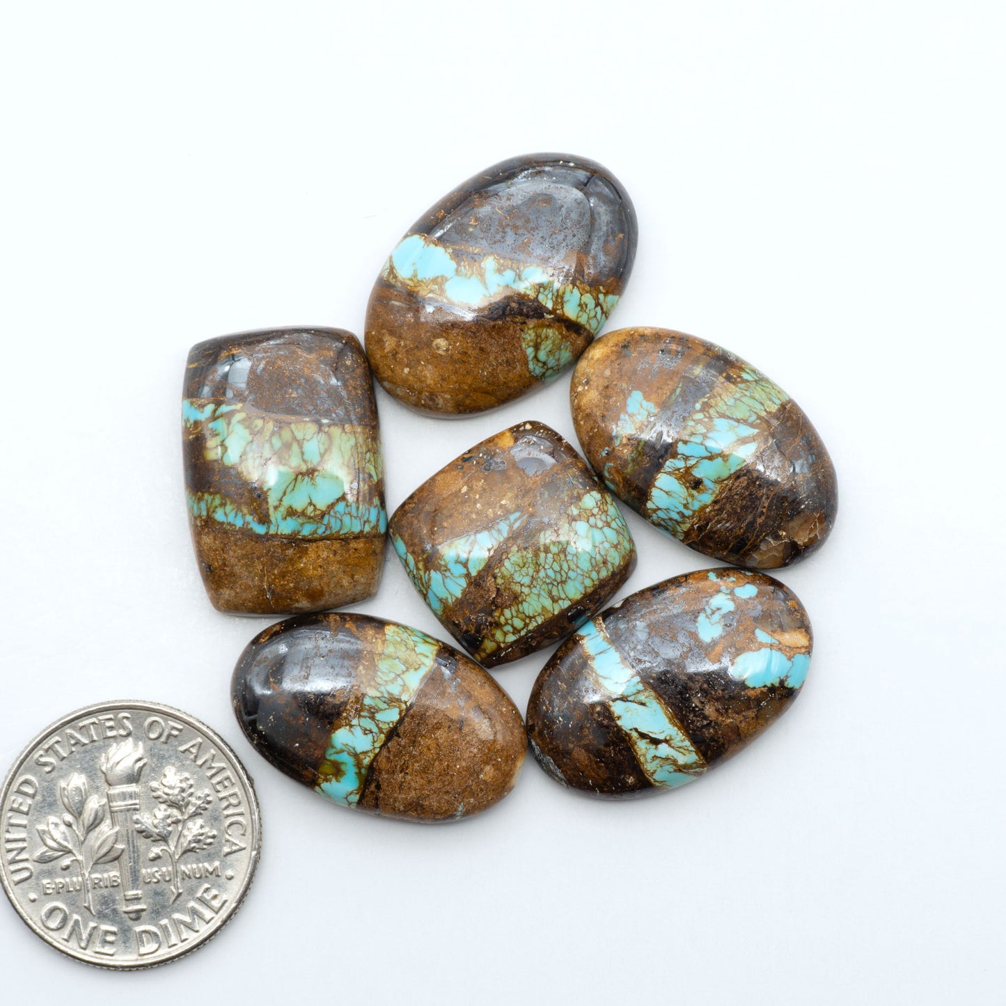 Royston Turquoise cabochons, blue-green color with natural matrix, polished stones on a white background, with a US dime for scale