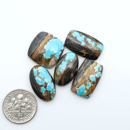 Black Jack turquoise cabochons, blue-green color with black matrix, polished stones on a white background with a US dime for scale