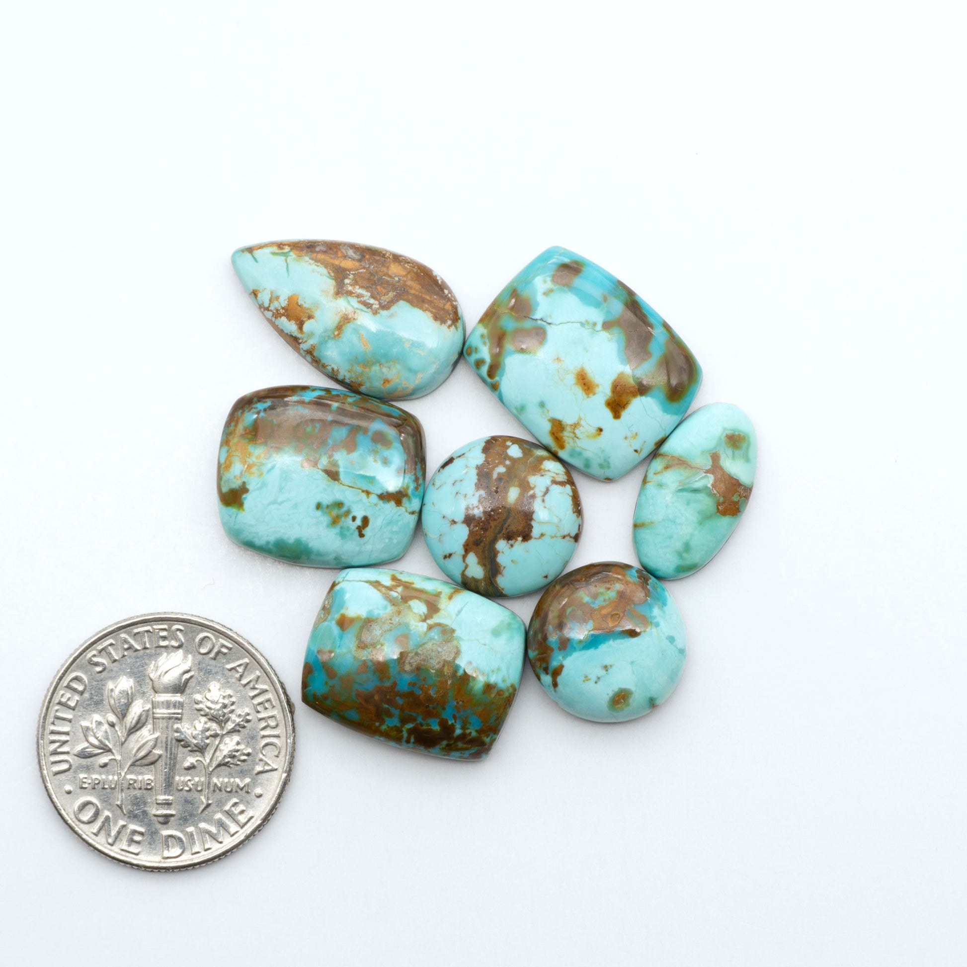 Pilot Mountain Turquoise cabochons, blue-green gemstones with natural matrix on a white background with a US dime for scale