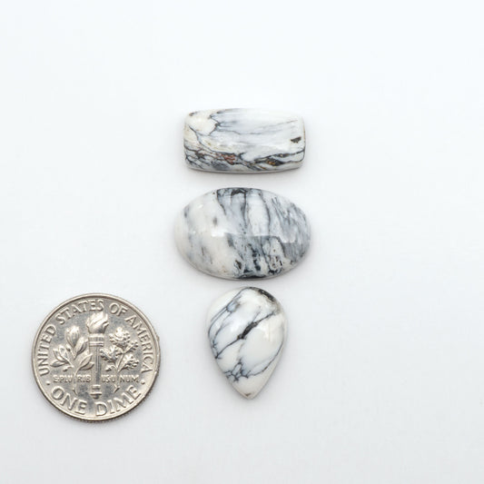 White Buffalo stone cabochons, white stone with black matrix, polished stones on a white background, with a US dime for scale