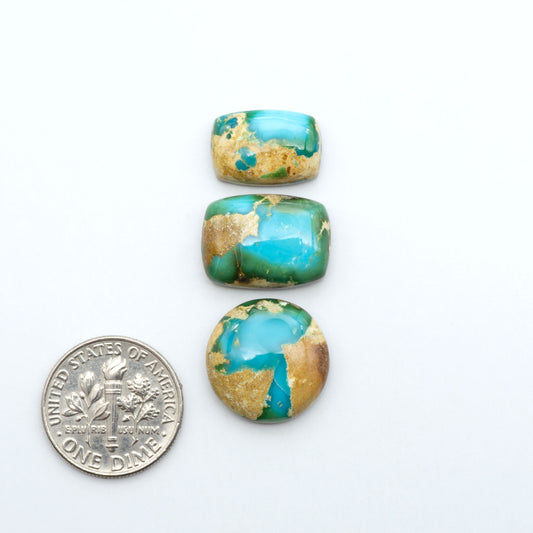 Sonoran Mountain Turquoise cabochons, blue-green color with natural matrix, polished stones on a white background, with a US dime for scale