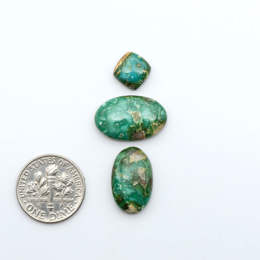 Sonoran Mountain Turquoise cabochons, blue-green color with natural matrix, polished stones on a white background, with a US dime for scale