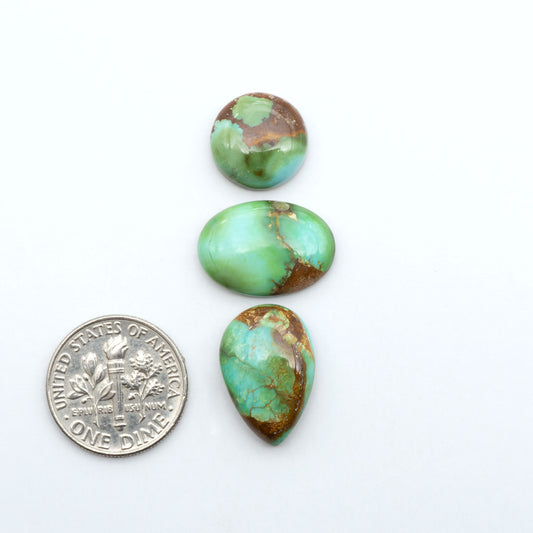 Sonoran Mountain Turquoise cabochons, blue-green color with natural matrix, polished stones on a white background, with a US dime for scale