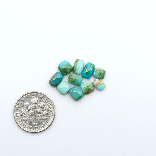 Sonoran Mountain Turquoise cabochons, blue-green color with natural matrix, polished stones on a white background, with a US dime for scale