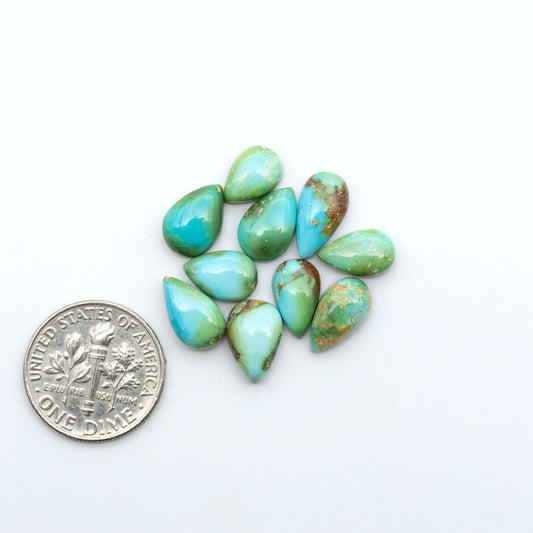 Sonoran Mountain Turquoise cabochons, blue-green color with natural matrix, polished stones on a white background, with a US dime for scale