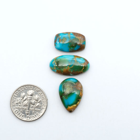 Sonoran Mountain Turquoise cabochons, blue-green color with natural matrix, polished stones on a white background, with a US dime for scale