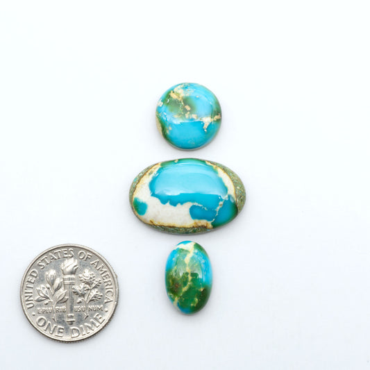 Sonoran Mountain Turquoise cabochons, blue-green color with natural matrix, polished stones on a white background, with a US dime for scale