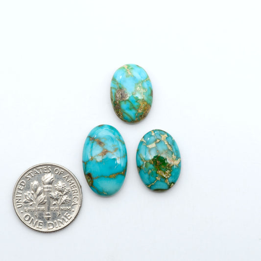 Sonoran Mountain Turquoise cabochons, blue-green color with natural matrix, polished stones on a white background, with a US dime for scale