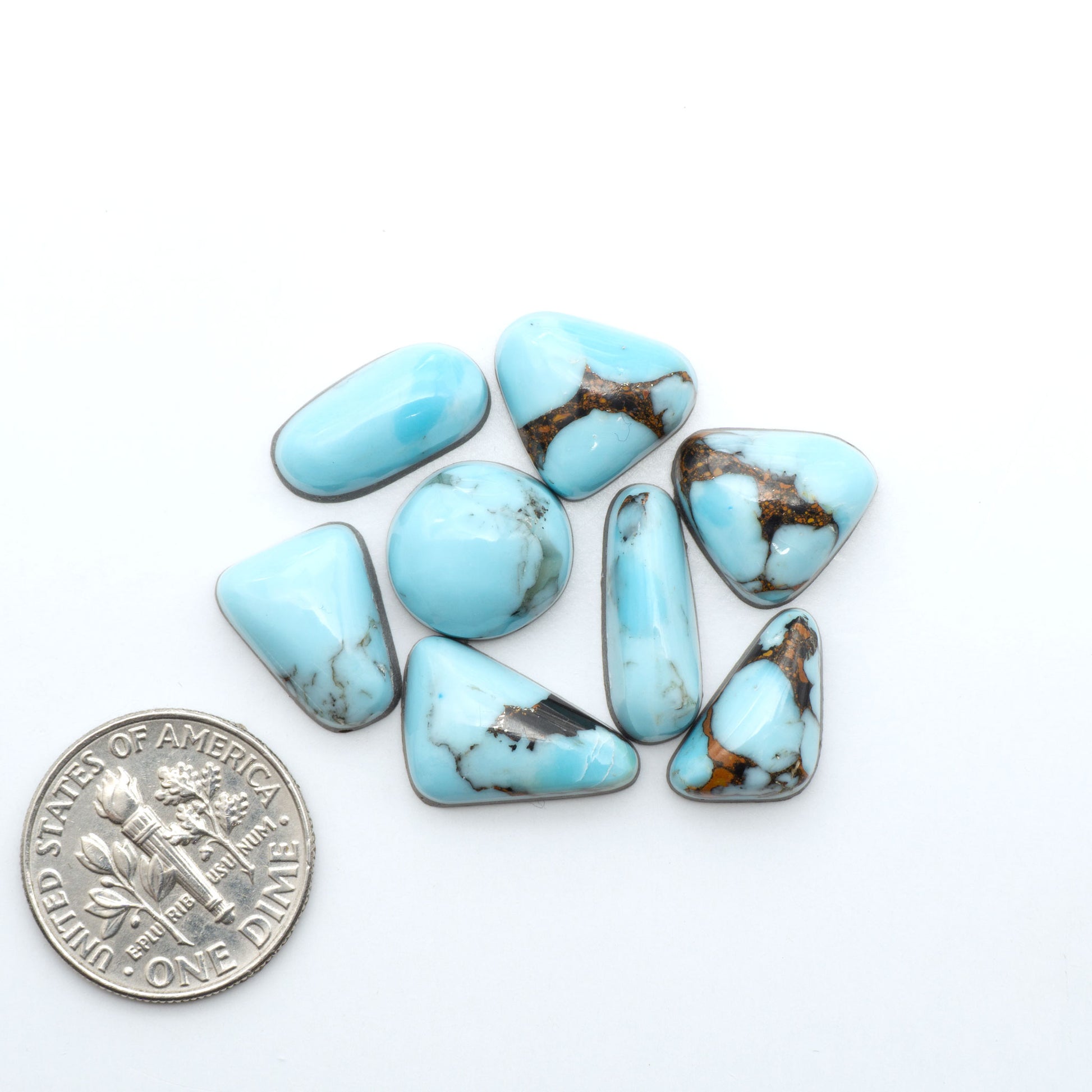 Pressed Turquoise nugget cabochons, composite material with a blue color and dark matrix on a white background, with a US dime for scale.