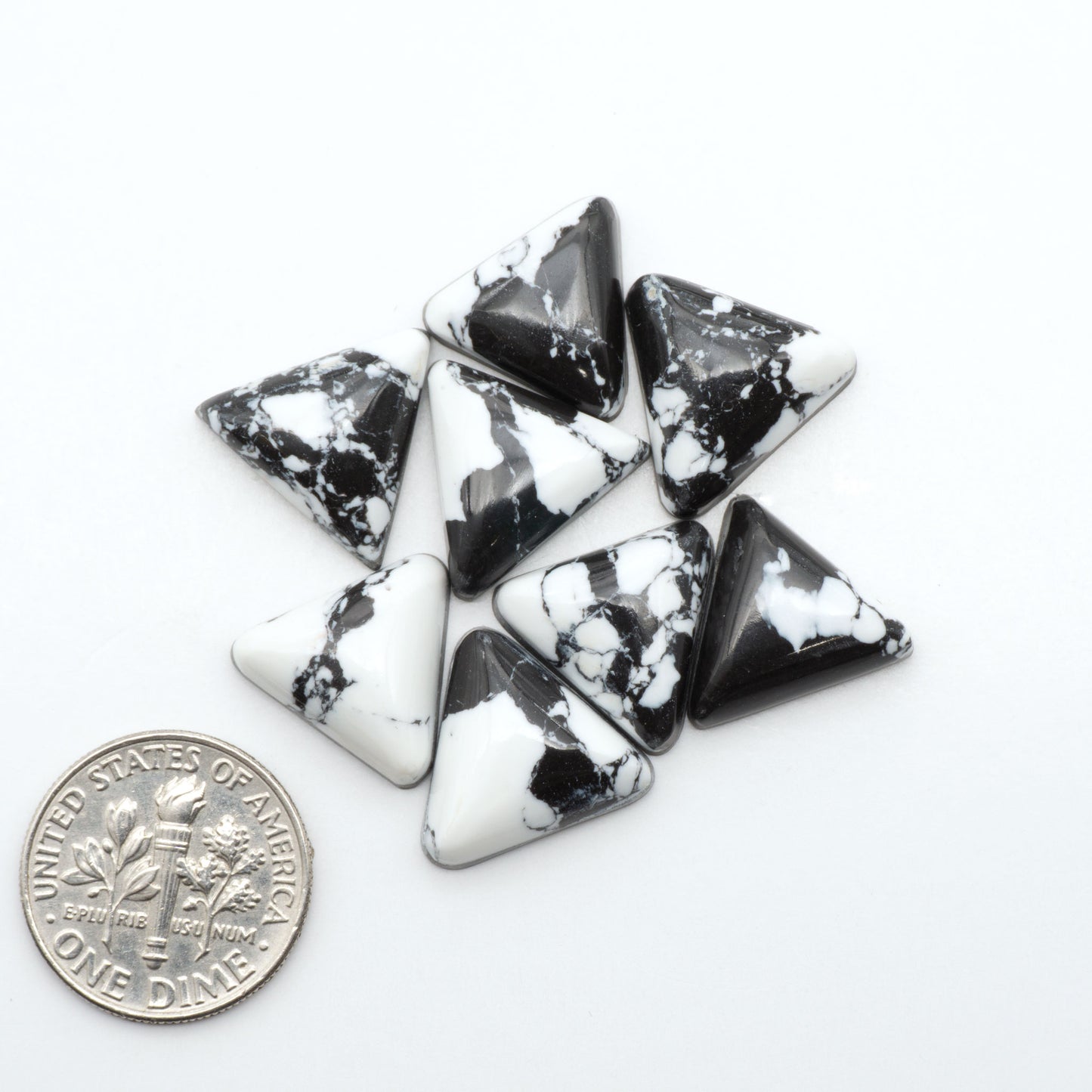 White Buffalo composite cabochons, black and white gemstones on a white background with a US dime for scale