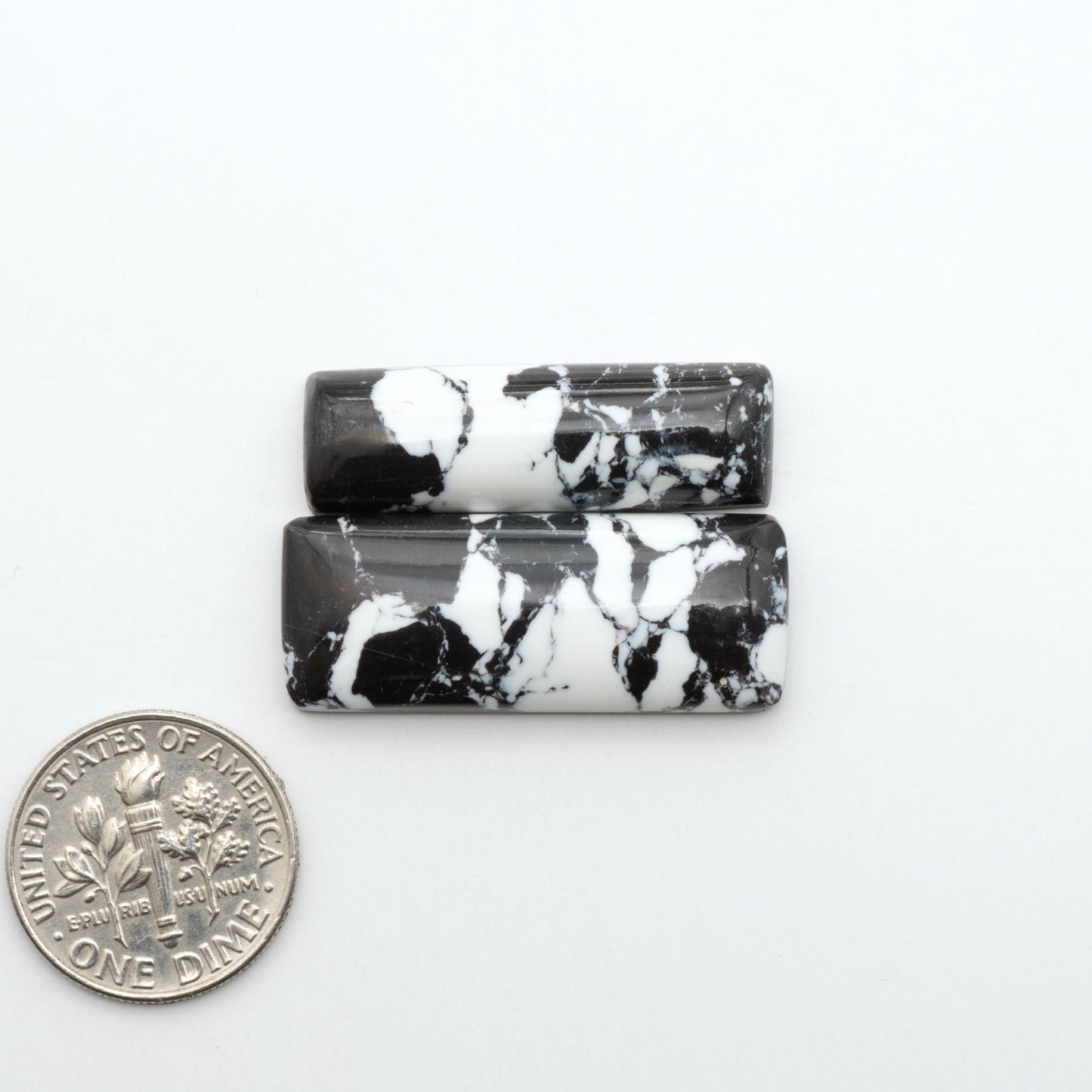 White Buffalo composite cabochons, black and white gemstones on a white background with a US dime for scale