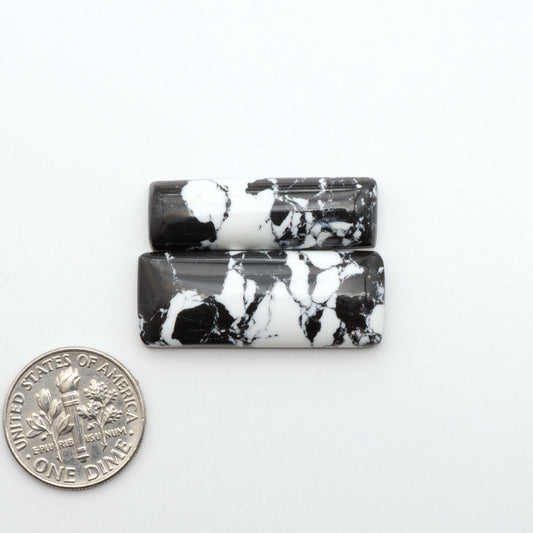 White Buffalo composite cabochons, black and white gemstones on a white background with a US dime for scale