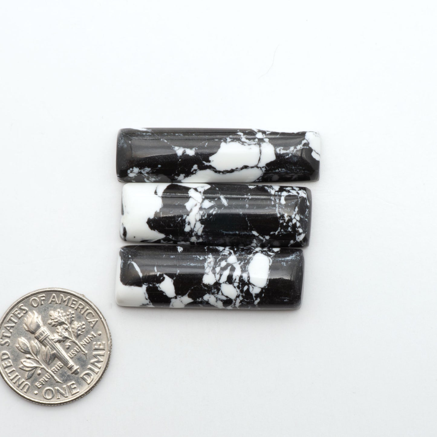 White Buffalo composite cabochons, black and white gemstones on a white background with a US dime for scale