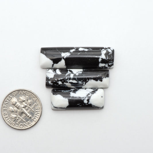 White Buffalo composite cabochons, black and white gemstones on a white background with a US dime for scale