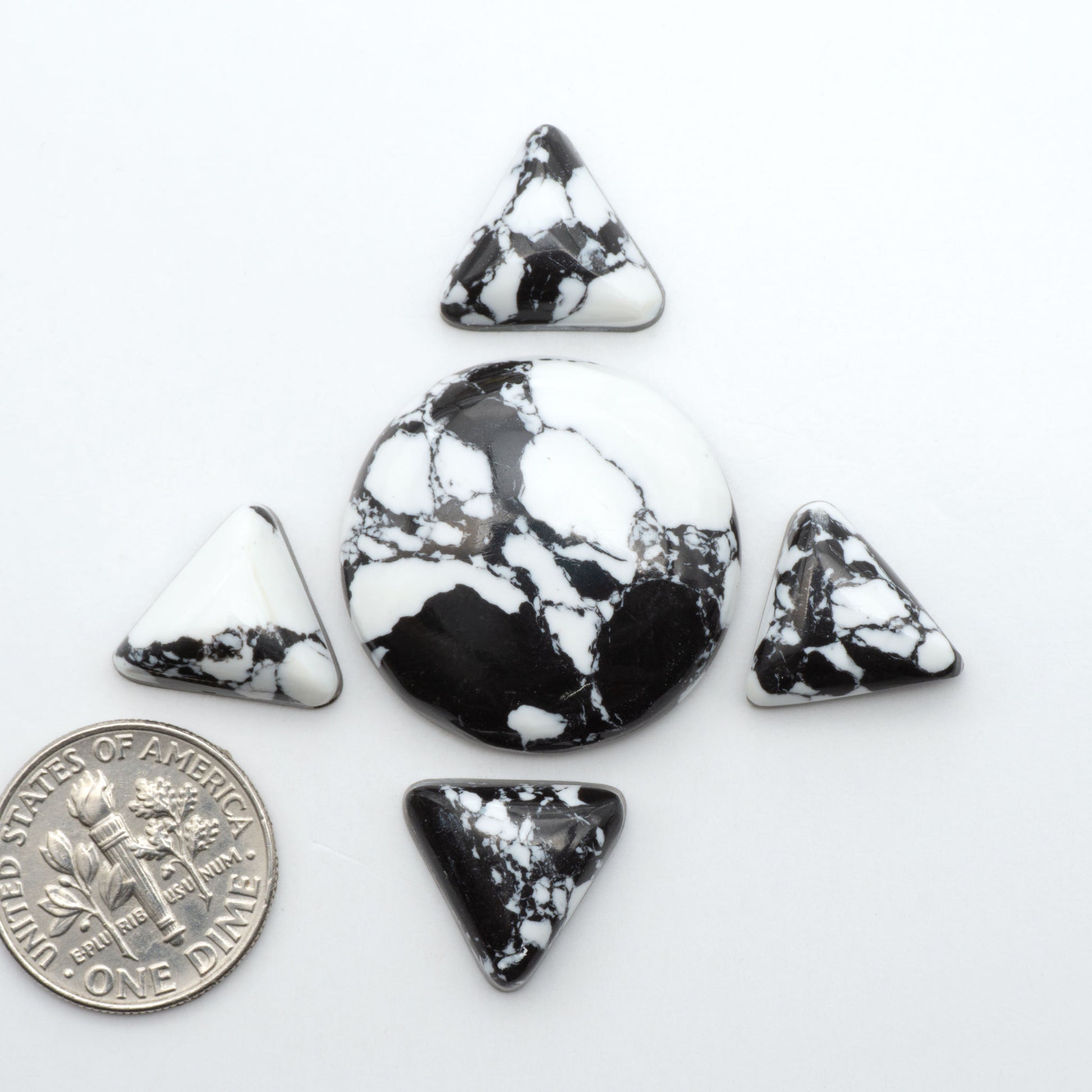 White Buffalo composite cabochons, black and white gemstones on a white background with a US dime for scale