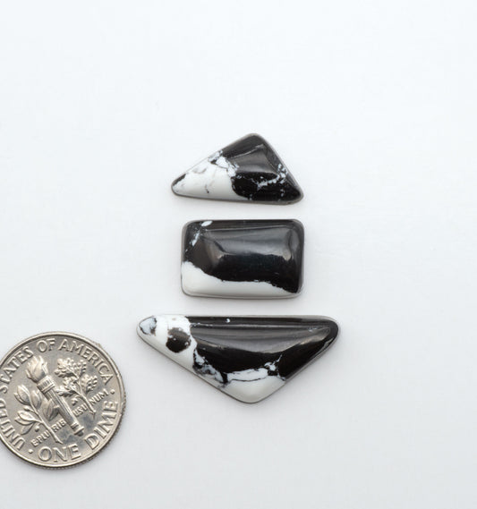 White Buffalo composite cabochons, black and white gemstones on a white background with a US dime for scale