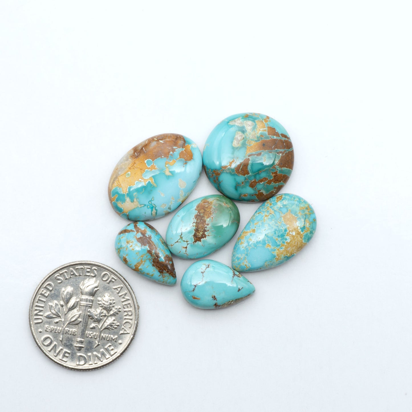 Royston Turquoise cabochons, blue-green color with natural matrix, polished stones on a white background, with a US dime for scale