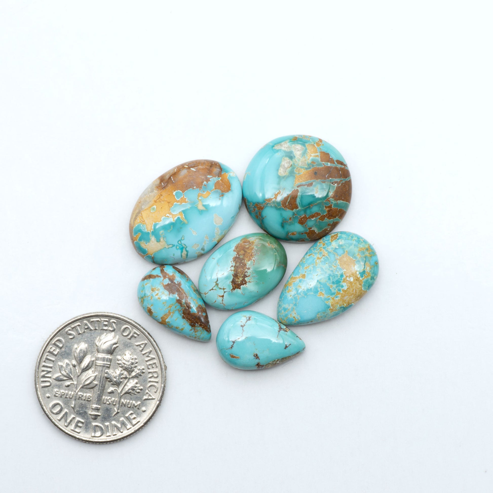 Royston Turquoise cabochons, blue-green color with natural matrix, polished stones on a white background, with a US dime for scale